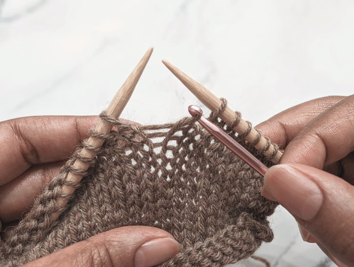 crochet hook holding the resulting rescued stitch, after laddering up all the horizontal strands